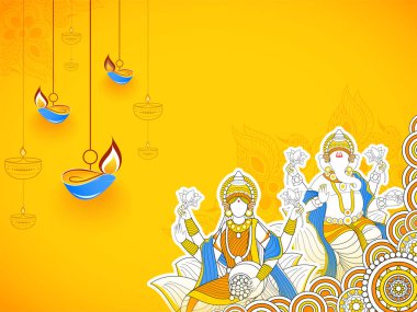 Tanrıça Lakshmi ve Lord Ganesha 'nın çizgi sanatı çizimi. 