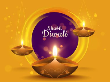 Shubh Diwali 'nin el yazısı y üzerinde dairesel mor bokeh etkisi