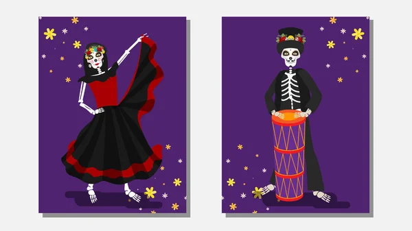 Illusztrációja catrina tánc és csontváz férfi gazdaság dob — Stock Vector