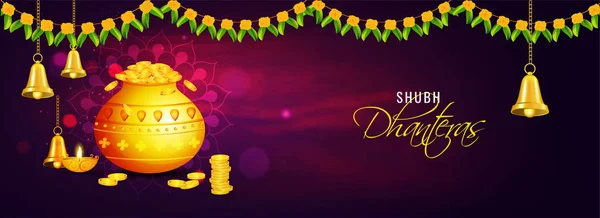 Shubh Dhanteras encabezado o banner de diseño con bote de moneda de oro, oi — Vector de stock