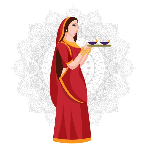 Illustration of woman holding plate of oil lamp (Diya) standing — Stock Vector