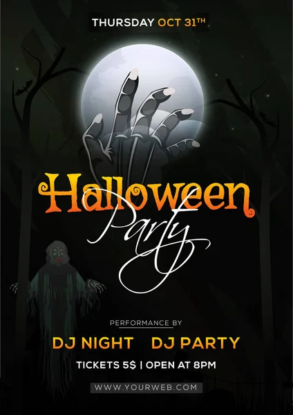 Modèle de fête d'Halloween ou conception de flyer avec main zombie, fantôme — Image vectorielle