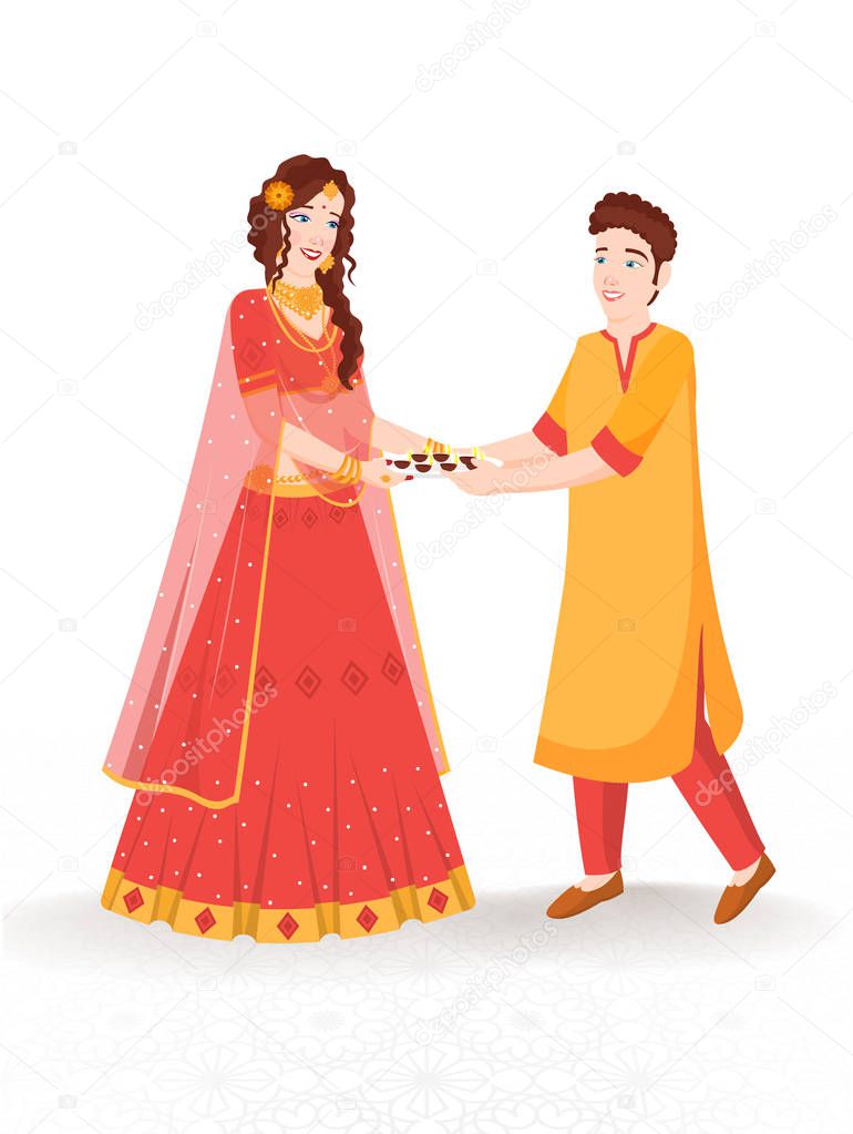 Young girl and boy holding plate of oil lamp (Diya) on white bac