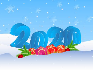 3D metin 2020 Hediye kutuları, çam yaprakları ve mavi üzerine takılar