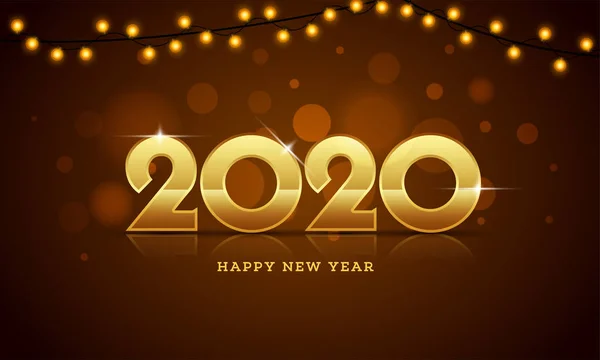 Texto de oro 2020 Feliz Año Nuevo y guirnalda de iluminación decorada o — Vector de stock