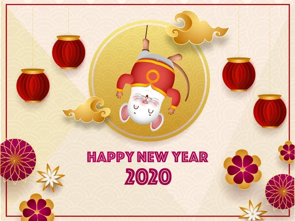 2020 celebration greeting card design with cartoon rat hanging, — Stock Vector