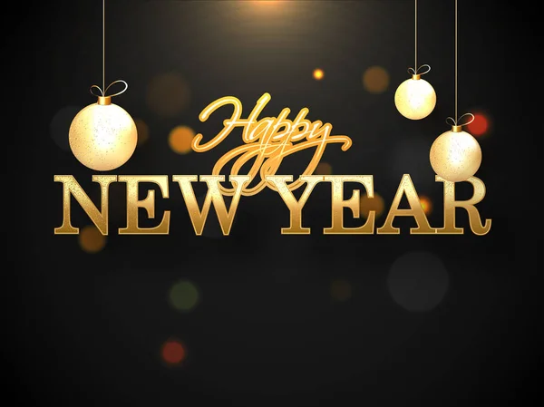 Šťastný Nový rok text s třpytivým efektem a visící cetky deco — Stockový vektor