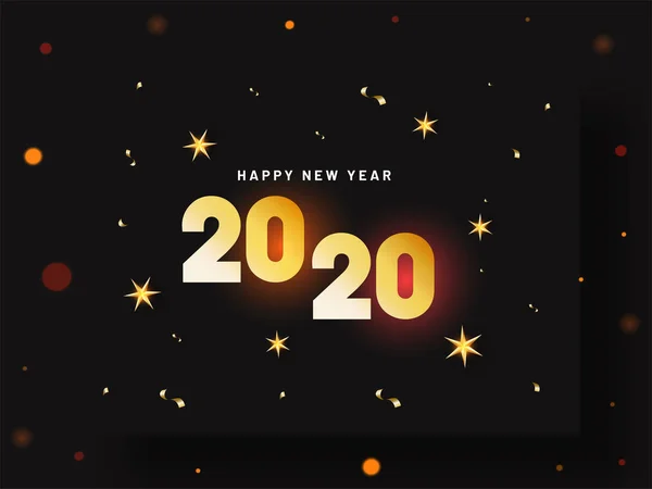 2020 texto con estrellas doradas y confeti decorado en boke negro — Vector de stock