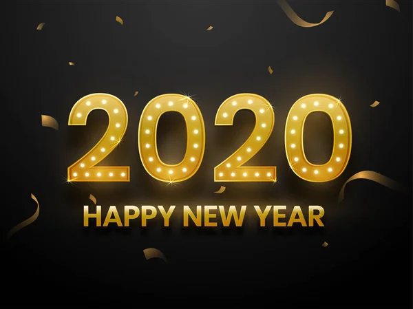 Zlatý text 2020 s markýzovými světly na černém pozadí pro Hap — Stockový vektor