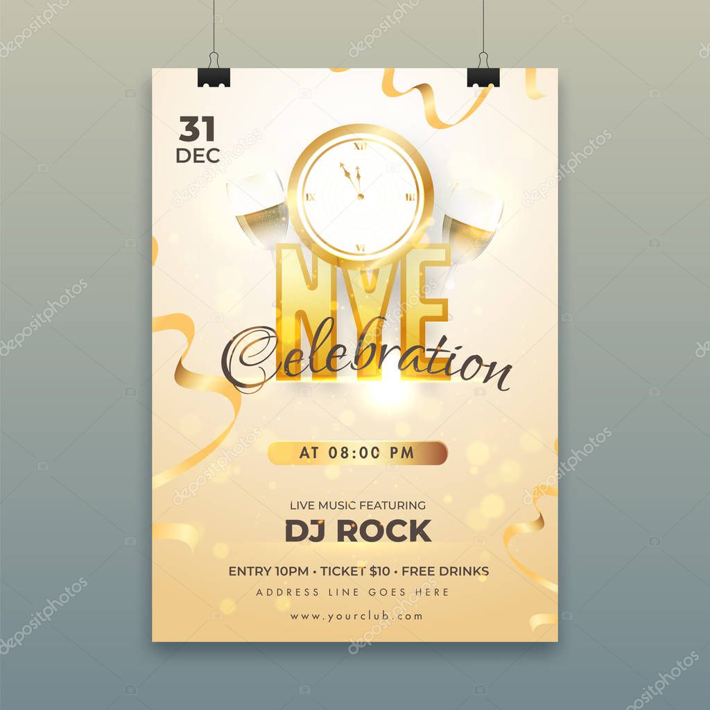 Advertising template or flyer design with clock, wine glass and 