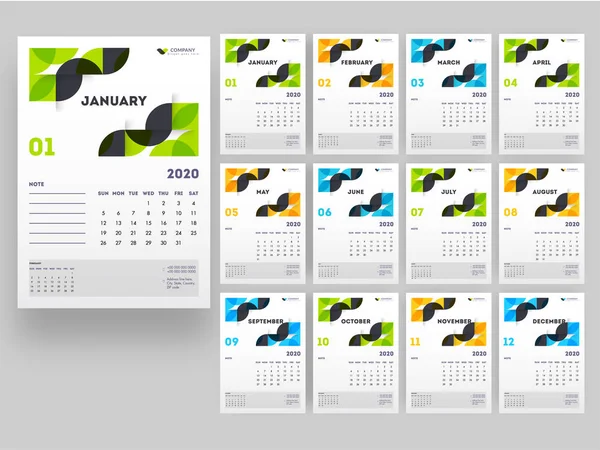 Ensemble complet de 12 mois pour le calendrier annuel 2020 avec un — Image vectorielle