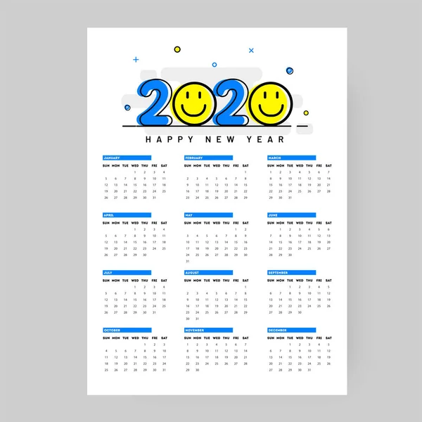 Jahreskalender-Design für 2020 mit Smiley-Emoji auf Weiß — Stockvektor