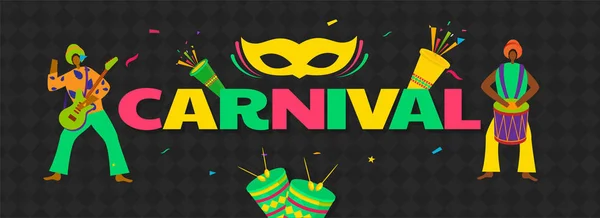 Texto colorido do Carnaval com máscara, festa popper e brasileiro —  Vetores de Stock