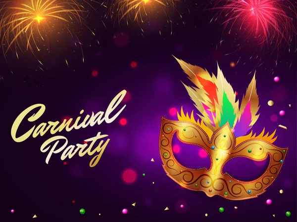 Karneval Party banner nebo plakát design se zlatou maskou na purpl — Stockový vektor