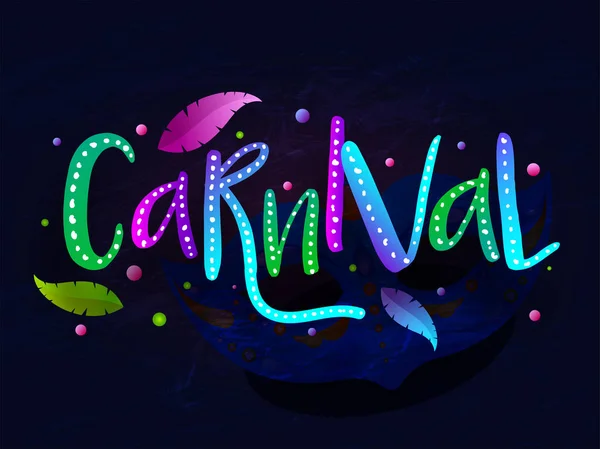 Colorido texto de Carnaval decorado con plumas y máscara de fiesta — Vector de stock