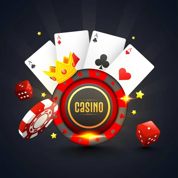 3D Casino chip with crown, dice and playing cards decorated on g — Stock Vector