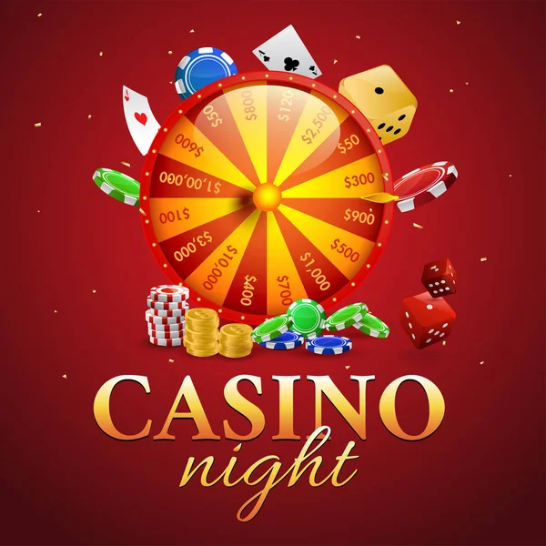 Casino Night affiche ou modèle de conception avec roue de roulette, poke — Image vectorielle