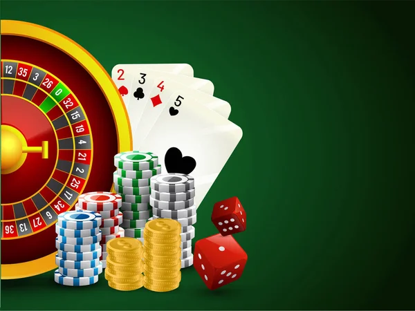 Realistická ruleta kolo s poker žetony, kostky, hrací karty a — Stockový vektor