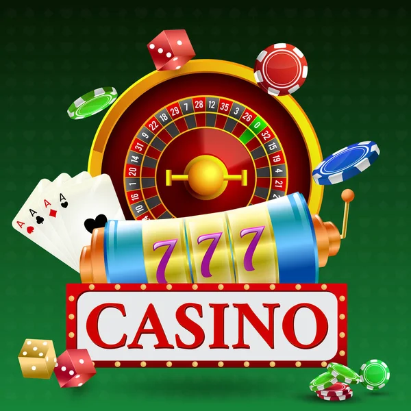 3D illustration of roulette wheel with slot machine, dice, poker — Stock Vector