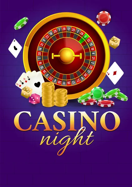 Plantilla de noche de casino o diseño de volante con ruleta realista wh — Vector de stock
