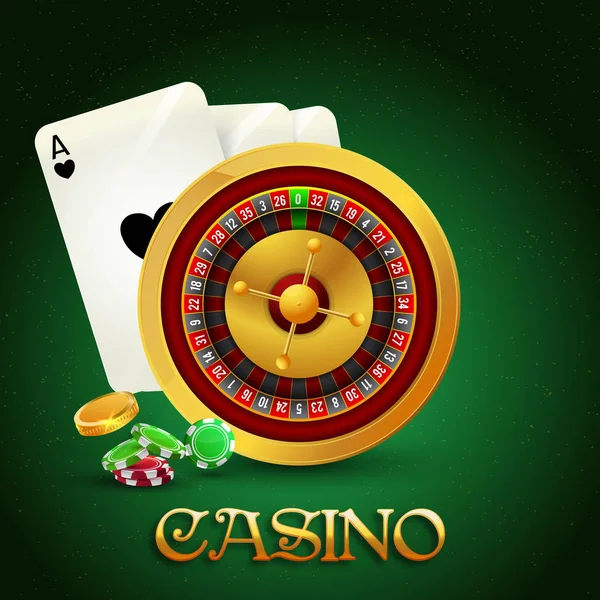 Golden text Casino com roda de roleta realista, fichas de poker, g — Vetor de Stock
