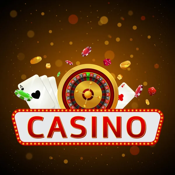 Texto do casino em quadro de marquise com roda de roleta, fichas de poker e — Vetor de Stock