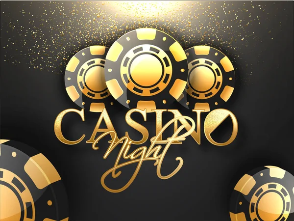 Texto dourado Casino Night com fichas de poker e brilho de luz effe —  Vetores de Stock