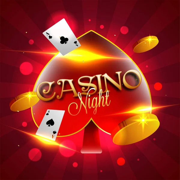 Gouden tekst van Casino Night op spade symbool met rode bokeh stralen — Stockvector