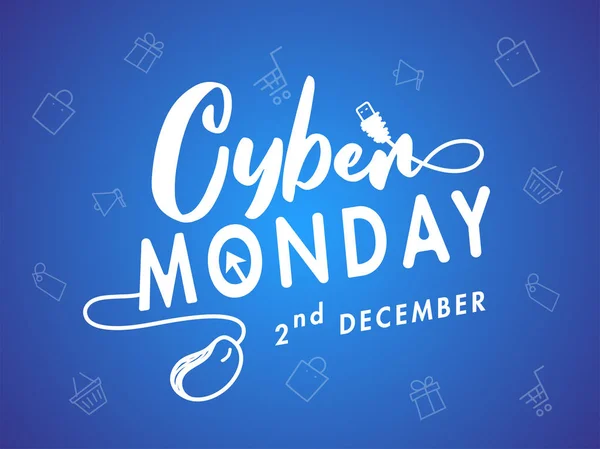 Texto de segunda-feira cibernética com mouse com fio no padrão de compras azul de volta — Vetor de Stock