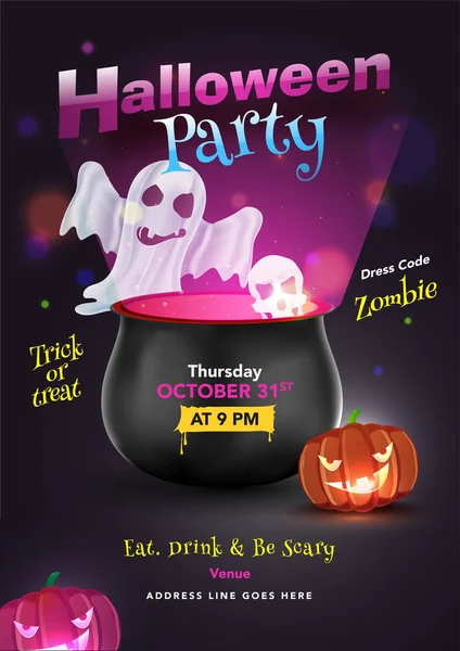 Halloween Party diseño de tarjetas de invitación con fantasma, cráneo, caldero — Vector de stock
