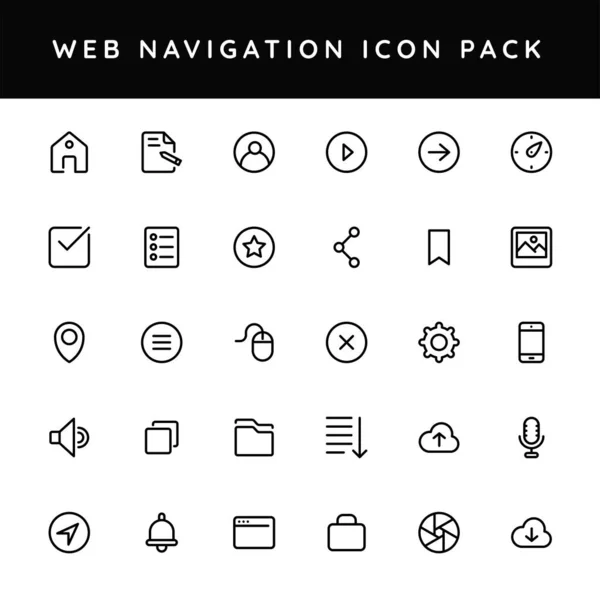 Black line art illustration of web navigation icon pack. — Stock Vector