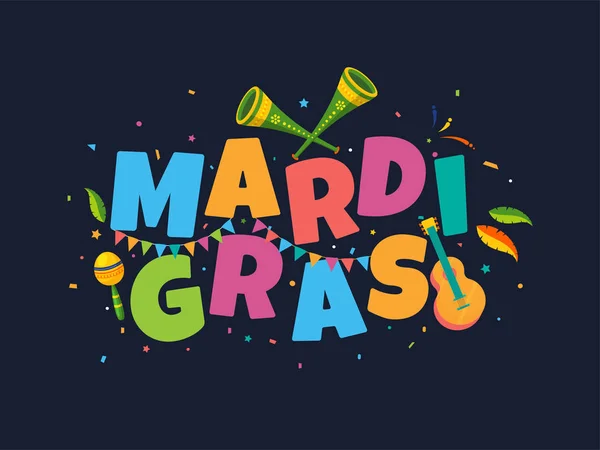 Красочный текст Марди Гра с музыкальными инструментами и конфетти — стоковый вектор