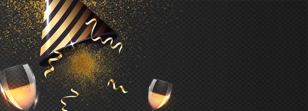 Reclame header of banner ontwerp met feestmuts, wijnglazen — Stockvector