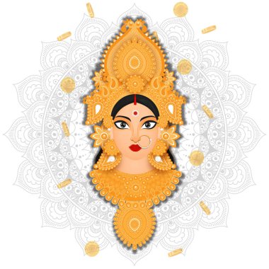 Tanrıça Lakshmi Maa 'nın resmi. Mandala desenli arka planda madeni paralarla süslenmiş..