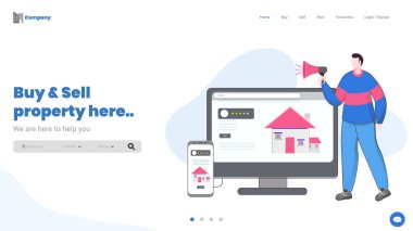 Online man advertising buy & sell property here by computer and 