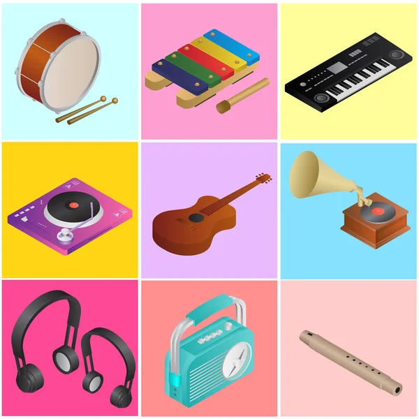 3d illustratie van muziekinstrument collectie op verschillende co — Stockvector