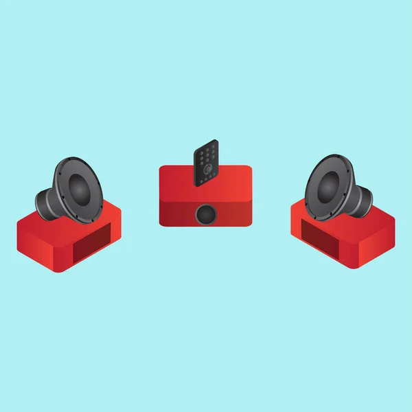 Ilustración 3D del proyector con elemento remoto y woofers en — Vector de stock