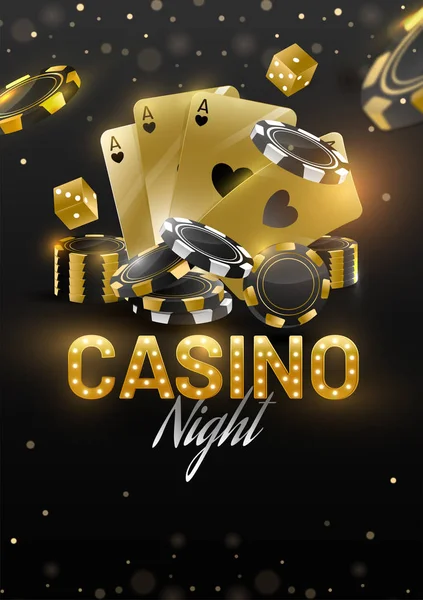 Plantilla de noche de casino o diseño de volante con cartas doradas , — Vector de stock