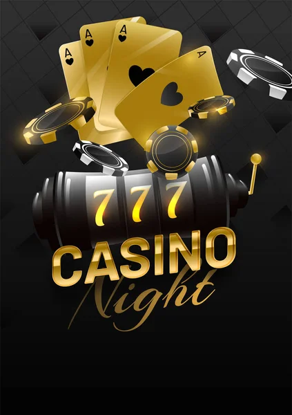 Texto dourado da Noite do Casino com slot machine, cartão aces e pok —  Vetores de Stock