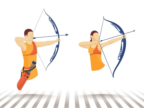 Faceless character of man and woman taking aim from bow arrow wi — Stock Vector