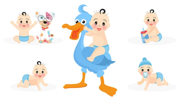Conjunto de personagem do bebê em diferentes atividades com brinquedos, como fazer — Vetor de Stock
