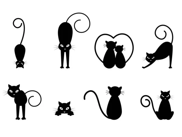 Silhouette von Katzen-Cartoon-Figuren in verschiedenen Aktivitäten auf wh — Stockvektor