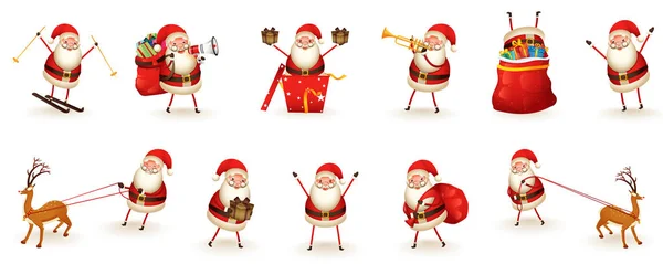 Разнообразная деятельность персонажа Санта-Клауса с подарочным мешком, трумой — стоковый вектор