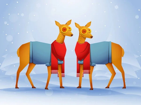 Coppia di personaggi cervi che indossano vestiti con albero di Natale tagliato di carta — Vettoriale Stock