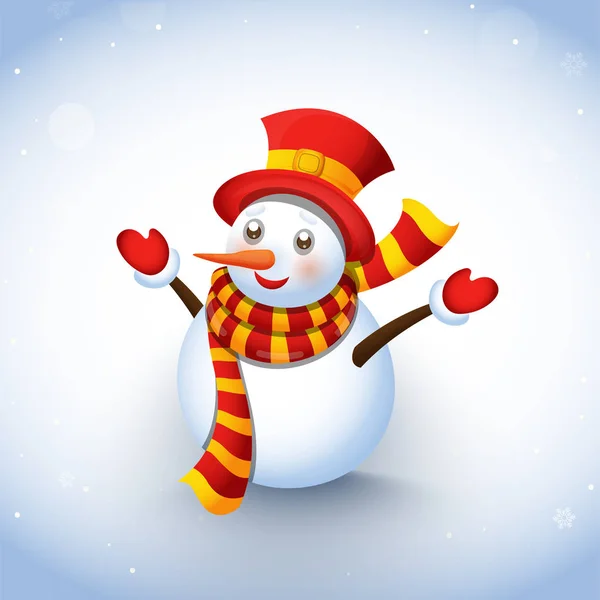 Carino pupazzo di neve che indossa vestiti su sfondo neve invernale . — Vettoriale Stock