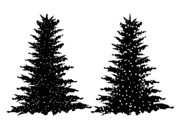 Twee kerstboom in zwarte kleur op besneeuwde achtergrond. — Stockvector