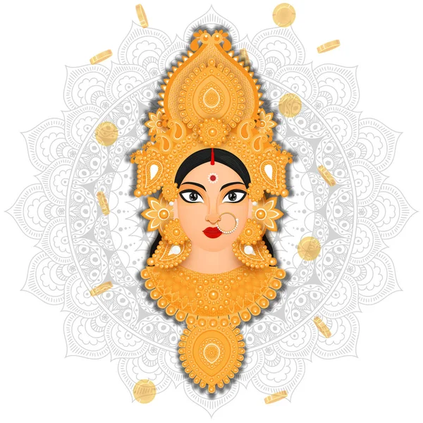 Lakshmi Maa女神脸上装饰有曼陀罗图案背景的硬币的图解. — 图库矢量图片