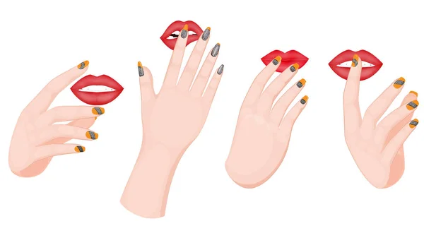 Female manicure hands touching lips in different style. — Stock Vector