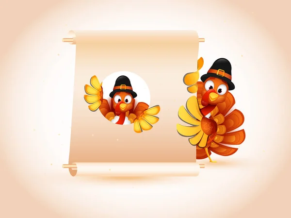 Illustration of turkey birds wearing pilgrim hat and holding bla — Stock Vector