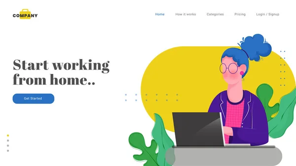 Web banner or landing page design with woman character working o — Stok Vektör